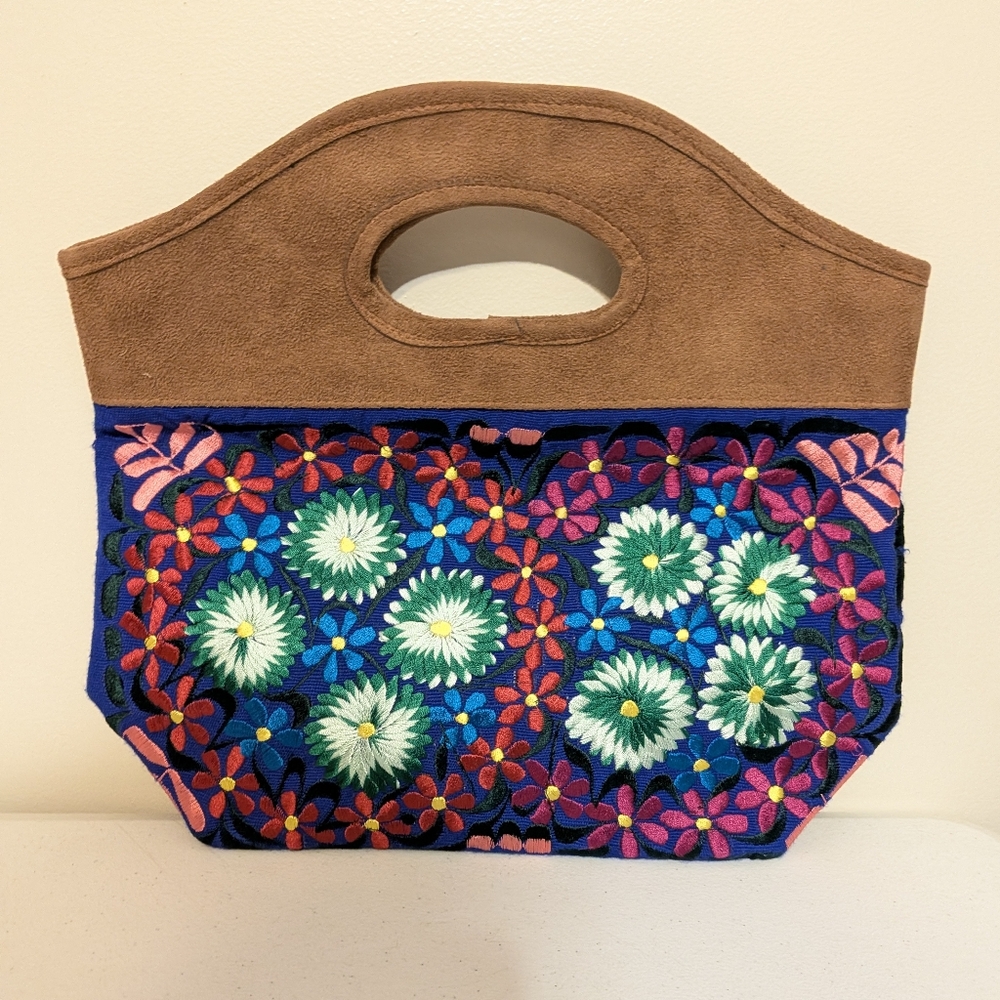 Brown Suede Mexican Colorful Floral Embroidered Handmade Snap Clutch Bag  Artisa